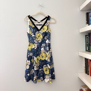 Karen Millen Navy and Yellow V-Neck floral Fit and Flare Dress sz 2